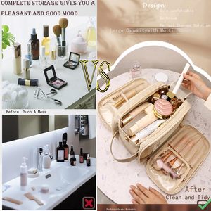 Waterproof PU <b>Leather</b> Travel <b>Toiletry</b> <b>Bag</b> with 8 Partitioned Storage Areas Double Zipper Magnetic Closure - Product Image 5