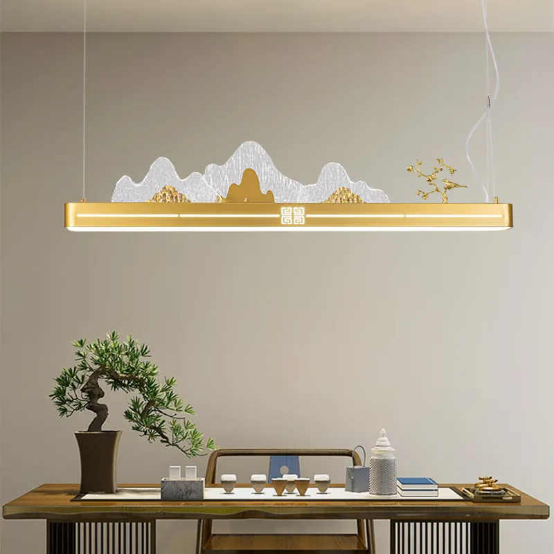 Chinese Modern Landscape Luxury Gold Tea House Hanging LED 3 Colors Lamp For Home Dining Room Decor Chandelier and Pendant Light