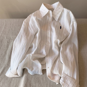 Chemise boutonnée en lin rayée pour femme, manches longues, coupe ample, col rabattu, décontractée, printemps-été - Product Image 4