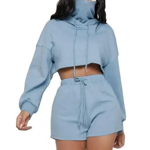 Custom Short Set Women Blue Sexy Cropped Fleece Terry Hoodie Drawstring High Waisted Shorts Suit 2 Piece Set Women