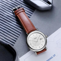 Montre à quartz pour homme, cadran guilloché blanc, fenêtre de date, bracelet en cuir marron, montre-bracelet classique