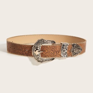 <span class=keywords><strong>Ceinture</strong></span> en cuir marron de style western pour <span class=keywords><strong>femme</strong></span> avec boucle ornée argentée et conchos, accessoire de mode vintage pour cowgirl - Product Image 1
