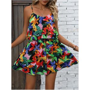 Combinaison d'été bohème pour femme à bretelles spaghetti, à volants superposés, en mousseline, sans manches, robe de vacances - Product Image 3