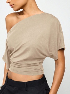Kaos Wanita Lengan Kelelawar Satu Bahu, Atasan Lengan Pendek Berpinggang, Blus Fashion Populer Mewah Tanpa Bahu - Product Image 6