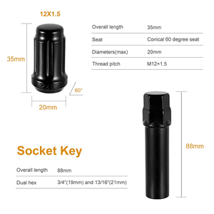 <strong>Spline</strong> <strong>Lug</strong> <strong>Nuts</strong> 12x1.5, 20PK M12X1.5 6 <strong>Spline</strong> Close End <strong>Lug</strong> <strong>Nuts</strong> with Cone Seat 1.38'' Tall with One Socket <strong>Key</strong> - Product Image 3