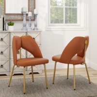 VOXHOME USA - Livraison directe en stock - Chaise de salle à manger moderne de luxe en cuir PU orange avec pieds en métal doré sans accoudoirs