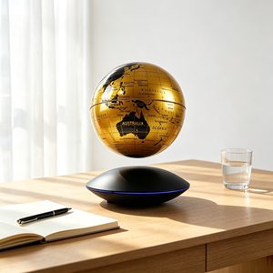 Globo terráqueo dorado flotante con luz LED azul, decoración moderna de escritorio con levitación magnética para el hogar, oficina o estudio. - Product Image 1