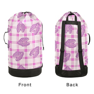 Panier à linge portable de grande taille avec motif Hawaï Pink Palaka, sac à dos à linge imprimé Aloha Kalo avec bretelles - Product Image 4