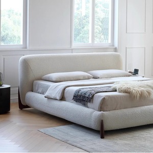 เตียงหุ้มเบาะผ้าสไตล์มินิมอลอิตาลีพร้อมหัวเตียงโค้ง Wabi สไตล์ lambskin นุ่มเตียงคู่สำหรับห้องนอนใหญ่ - Product Image 2