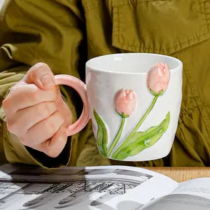 Embossing Valentine's Day Girl Gift Tulip Rose Ceramic Mug