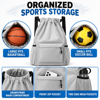 Sac à dos de sport personnalisé OEM avec cordon de serrage, poche avant zippée, rangement latéral en maille et deux tailles pour les équipes, les écoles et les détaillants
