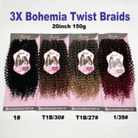 Superbe lot de 3x tresses Bohemia Twist de 20 pouces, 36 mèches/paquet, fibres premium pour crochet, douces et rebondissantes