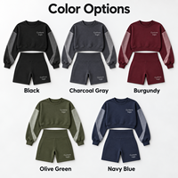 Ensemble de sport 2 pièces personnalisé pour femme, color block, sweat-shirt court à col rond et short taille haute, tenue douce pour l'entraînement et les loisirs en ville