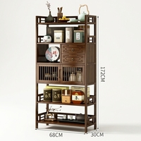 Honvidora Meuble à thé en bambou de style chinois moderne, avec porte de niveau intermédiaire, double tiroir, étagère de présentation multifonctionnelle pour salon