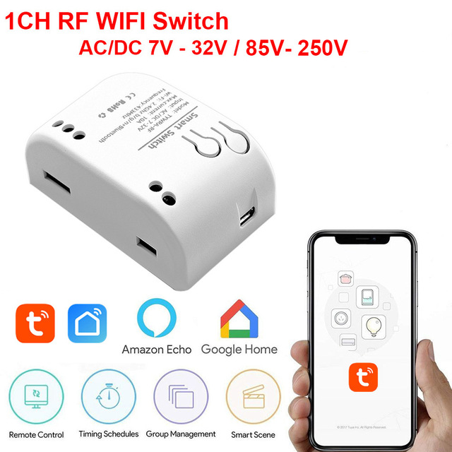 Tuya WiFi 433MHz Wireless Remote Control Switch AC DC 7-32V 10A Smart Relay Module with 2 Key RF Transmitter for Garage Door