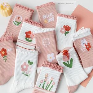 Pink Floral Mid Calf Socks For Women Breathable Jacquard Knee High Casual Sport Style - Product Image 1