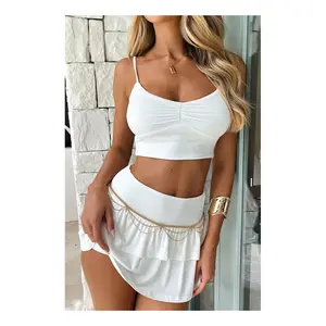 W4076 latest design 2024 new halter crop top and mini pleated skirt two piece set women summer women clothing
