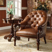 Fauteuil Chesterfield en cuir marron de style américain vintage, en bois massif sculpté, fauteuil de luxe français pour salon