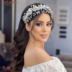 Corona de Perlas YouLaPan para <span class=keywords><strong>Mujer</strong></span>, Accesorios para el Cabello de Novia, Diadema Ancha de Lujo para Boda, Joyería para el Cabello con Hojas de Aleación - Product Image 1