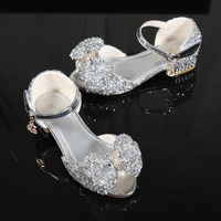 Chaussures d'été à talons pour enfants, mode enfantine, avec paillettes, pour l'école, jolies chaussures de princesse avec nœud appliqué pour anniversaire, vente en gros