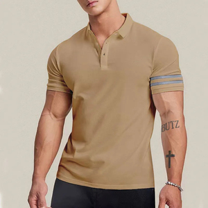 เสื้อยืดผู้ชายฤดูร้อนสีพื้นแขนสั้นเข้ารูปกอล์ฟสำหรับโปโลลายทางผ้าถักปกสองชั้น - Product Image 1