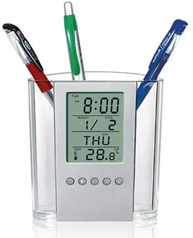 Transparante Abs Multi-Functies Digitale Bureaupen/Potloodhouder Lcd Wekker Thermometer & Kalender Display Home Decor