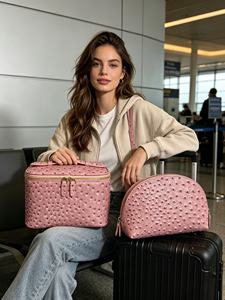 Sac cosmétique de luxe en peau d'autruche, ensemble de 2 pièces, sacs à maquillage en forme de coquille, grande capacité, trousse de toilette de voyage avec logo personnalisé - Product Image 6