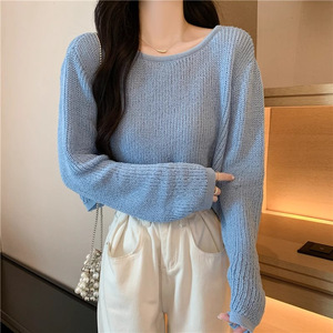 Summer Thin New Hollow Ice Silk Long-sleeved Knitted Sweater Women's Short Outer Pullover <b>Sunscreen</b> Blouse Top - Product Image 3