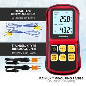 เครื่องวัดอุณหภูมิเทอร์โมคัปเปิล 2 ช่องสัญญาณ แบบ K/J/T/E/R/S/N |   เครื่องวัดอุณหภูมิพร้อมหัววัดโลหะ 2 หัวและหัววัดแบบมีสาย 2 หัวสำหรับอุตสาหกรรมและห้องปฏิบัติการ - Product Image 3