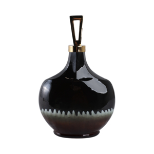 Vaso in vetro a forma di bottiglia arrotondata con dettaglio superiore in metallo, finitura lucida decorativa per soggiorno e decorazioni per la casa. - Product Image 4