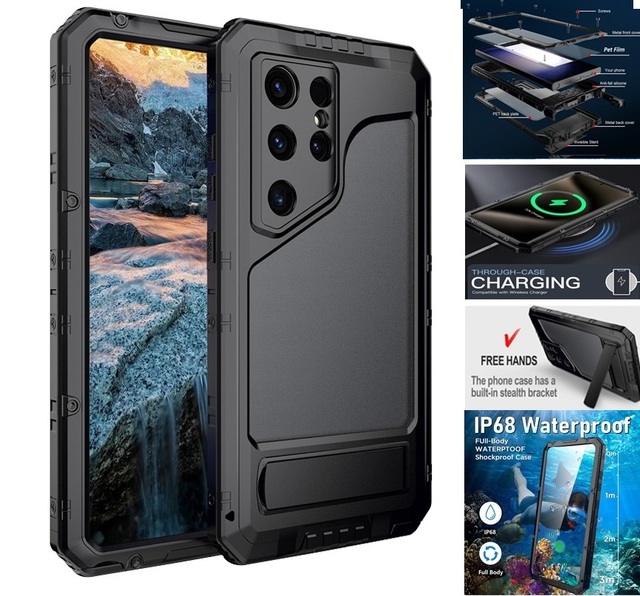 For Samsung Galaxy S24 Ultra Heavy Duty Powerful Metal Aluminum Stand Armor Waterproof Swimming case with Soft PET Film