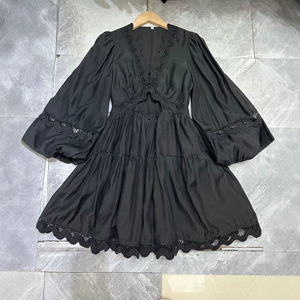 Abito Vintage con Maniche a Lanterna per Donne, Design Estivo Traforato all'Uncinetto con Scollo a V, Elegante e Raffinato, Linea A, Vestibilità Slim, in Poliestere - Product Image 6