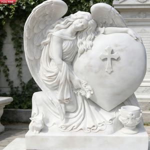 YOUFINE Pierre tombale en <span class=keywords><strong>marbre</strong></span> blanc sculptée à la main, motif ange pleurant avec croix, statue commémorative pour cimetière - Product Image 2