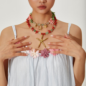 Summer Beach Wind, Coral colorido, piedra natural, estrella de mar de acero inoxidable, collar de cuentas con colgante de pez pequeño para joyería de mujer - Product Image 3