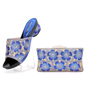 奢华非洲意大利时尚刺绣海军蓝彩虹楔形凉鞋和女士手包钱包