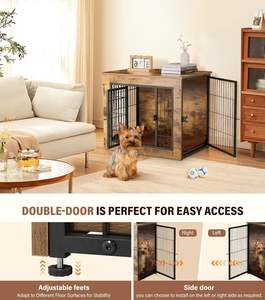 Caja rústica de madera marrón para perros, resistente, doble puerta, muebles, mesa auxiliar, cojín, pies ajustables, casa para perros pequeños - Product Image 4