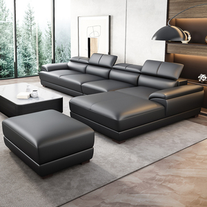 Divano in Pelle di Vacchetta Stile Nordico, Modulare per Soggiorno con Struttura in Legno Massello per Progetti Commerciali - Product Image 1
