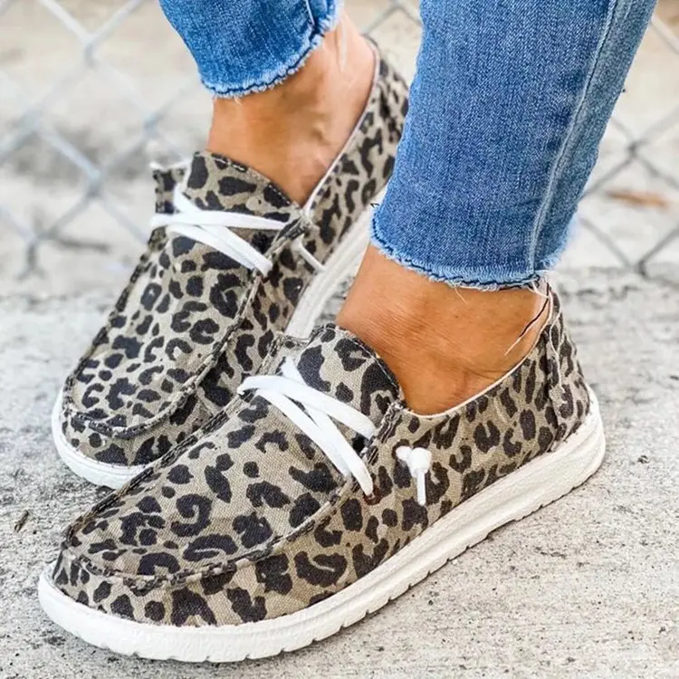 Large Size Casual Women Leopard Printed Flat Canvas Shoes Outdoor Comfortable Solid Color Lightweight Gypsy Jazz Boat Shoes