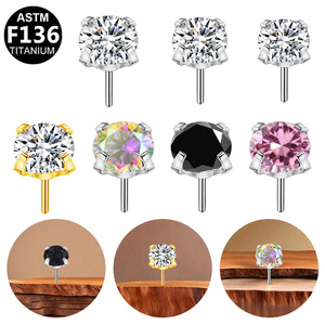 Clous de piercing en alliage de titane F136 avec zircon, serti quatre griffes, forme cœur, accessoire de remplacement pour bijoux en titane - Product Image 2