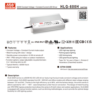 MEAN WELL HLG-600H-12 600W 12V 40A CV CC ไดร์เวอร์ LED 90-305Vac IP67 กันน้ำ 3 ใน 1 แหล่งจ่ายไฟแบบหรี่แสงได้ - Product Image 2
