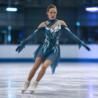 Robe de patinage artistique vert turquoise pour enfants et adultes, à épaules dénudées, manches longues en maille, dos orné de feuilles en strass, pour compétition et spectacle de patinage sur glace