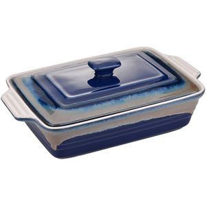 네뷸라 블루 반응성 유약 직사각형 세라믹 캐서롤 디쉬 세트 (뚜껑 포함) - 빈티지 라자냐 베이킹 트레이 - Product Image 2