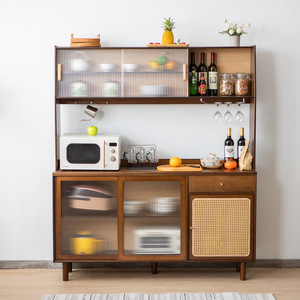 Japanese Style <b>Sideboard</b> Walnut Color Fluted Glass Cabinet Kitchen <b>Storage</b> Tall Cabinet For Home Use - Product Image 3