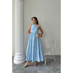 Robe longue en lin bleu sans manches - Élégante, décontractée, conception personnalisée ODM, sexy, pour séance photo estivale, longueur ras du sol, taille XS - Product Image 3