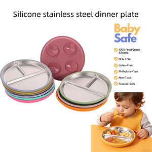 Assiette à dîner en silicone sans BPA U-TOUCH avec compartiments et ventouse pour enfants, motif rayé, pour les enfants de 0 à 12 <span class=keywords><strong>mois</strong></span> et de <span class=keywords><strong>4</strong></span> ans et plus - Product Image 1