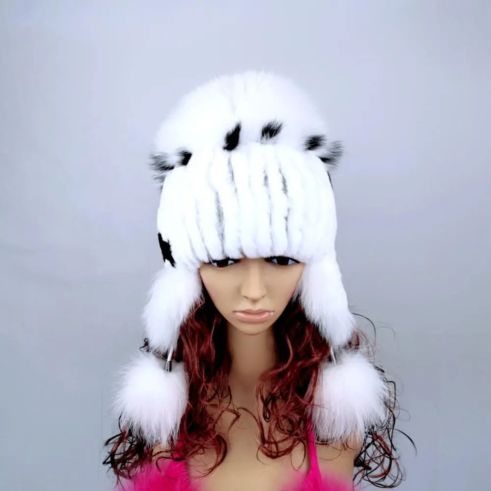 Cappello da donna in pelliccia di coniglio Rex invernale cappellini in vera pelliccia di volpe argentata lavorata a maglia cappello da donna caldo russo cappello di pelliccia da donna nuovo