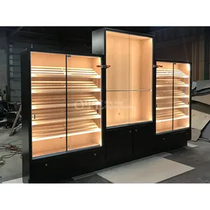 Mostrador de exhibición de tabaco de vidrio de madera con exhibición de luz LED estante de exhibición de cigarros para tienda de humo