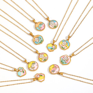 Collier de style peinture à l'huile florale, plaqué or 18 carats, pendentif en alliage de zinc, chaîne, bijou cadeau - Product Image 3