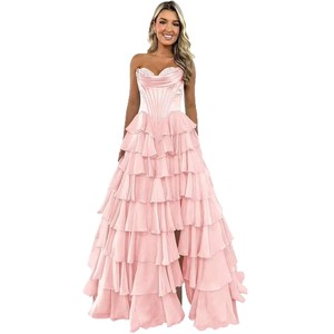 Abito da sera <span class=keywords><strong>lungo</strong></span> in chiffon con volant a strati e <span class=keywords><strong>spacco</strong></span>, corpetto senza spalline, per matrimoni e balli di fine anno - Product Image 4