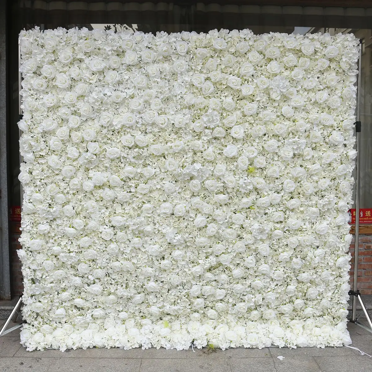 2.4x2.4m arrangement extérieur, panneau de toile de fond à enrouler 5D 3D tissu arrière mur de fleurs de Rose artificielles blanches pour mariage